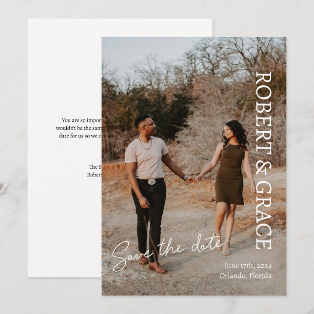Cartão de Salvar a Data de Casamento com Foto e Le (Frente/Verso)