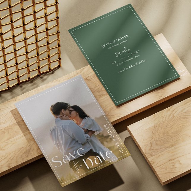 Cartão de Salvar a Data de Casamento com Foto em V (Personalized Modern Minimalist and Elegant Forest Green Photo Save The Date)