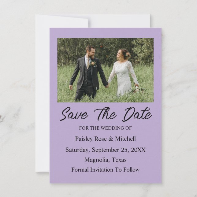 Cartão de Salvar a Data de Casamento com Foto Roxa (Frente)