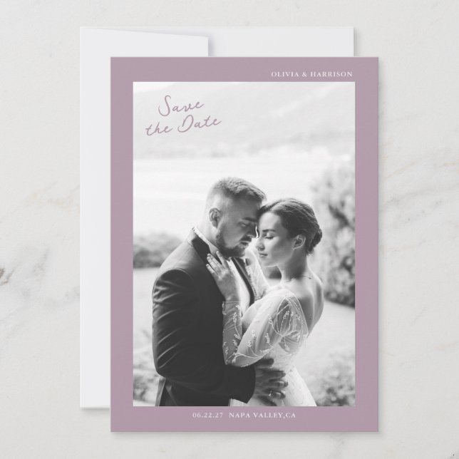 Cartão de Salvar a Data de Casamento com Foto Roxa (Frente)