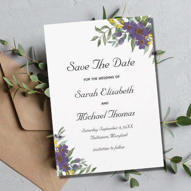 Cartão de Salvar a Data de Casamento Floral Amarel (Criador carregado)