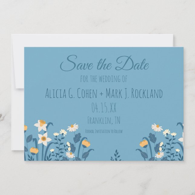 Cartão de Salvar a Data de Casamento Floral Azul D (Frente)