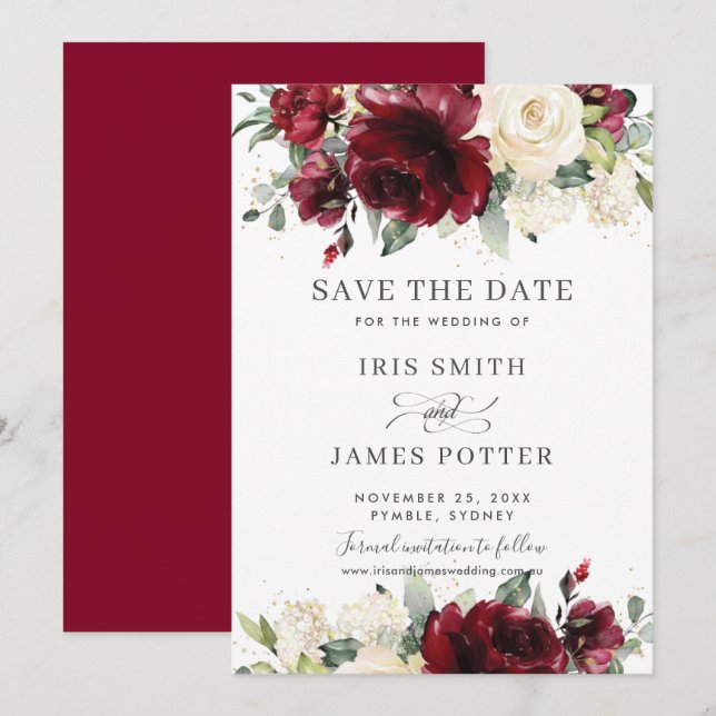 Cartão de Salvar a Data de Casamento Floral Marfim (Frente/Verso)