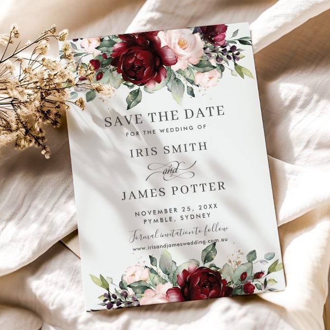Cartão de Salvar a Data de Casamento Floral Rosa B (rustic-elegant-burgundy-blush-pink-floral-flowers-wedding-save-the-date-cards-printed-download)