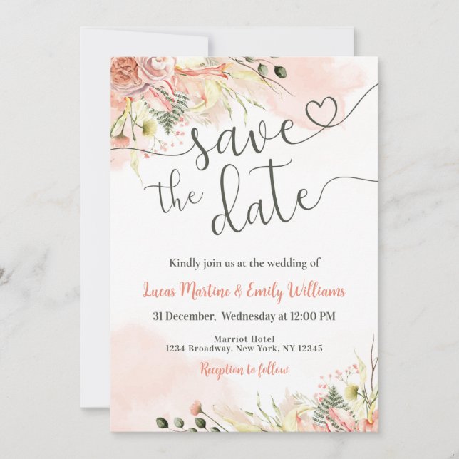 Cartão de Salvar a Data de Casamento Floral Rosa B (Frente)