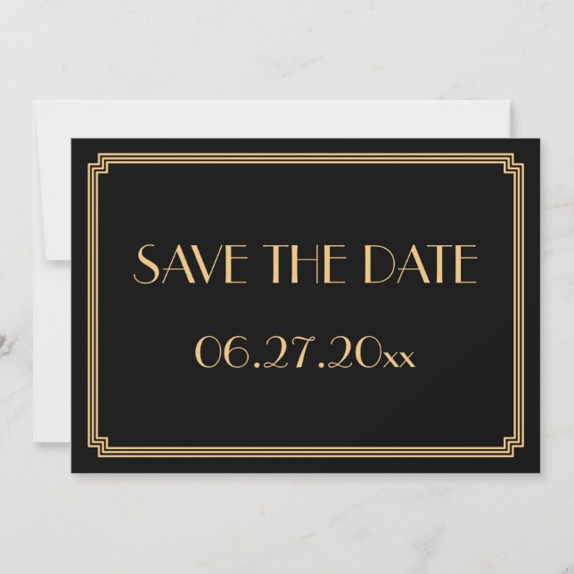 Cartão de Salvar a Data de Casamento Preto Art Déc (Frente)