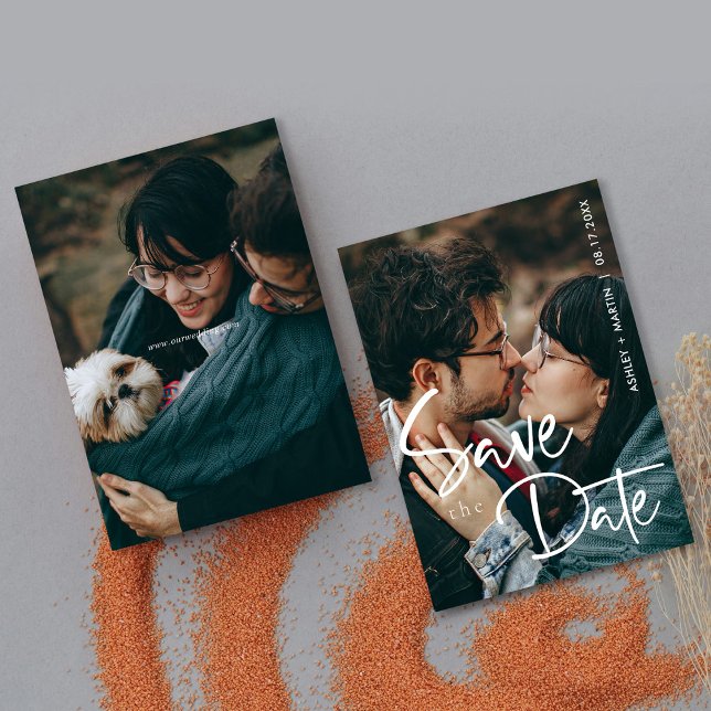 Cartão de Salvar a Data de Foto Moderna  Rótulo Mi (Two Photos, One Love_ Modern Chic Wedding Save The Date Custom)