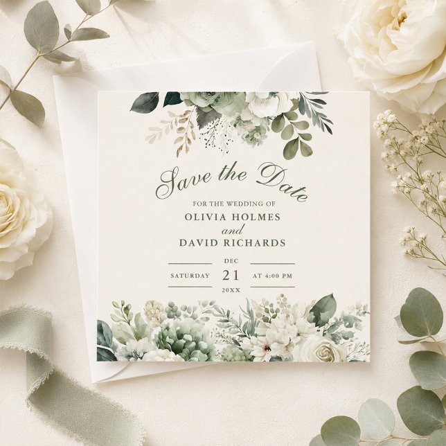 Cartão de Salvar a Data de Noiva em Verde Salvia e (Sage Green and Ivory Wildflower Save the Date Card on a table with ivory flowers and green ribbon)