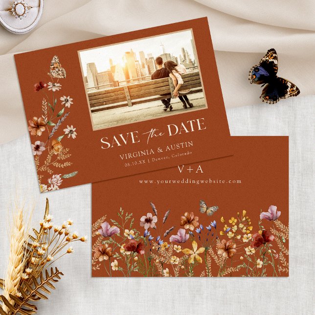 Cartão de Salvar a Data de Terracota Plano (Terracotta Floral Flat Save The Date Card Monogram by Painted Paperie
)