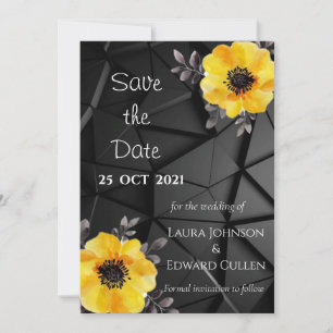 Cartão de salvar a data do casamento amarelo preto