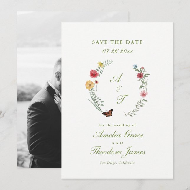 Cartão de Salvar a Data do Casamento com Flor Silv (Frente/Verso)