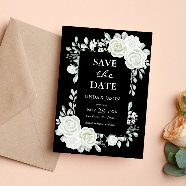 Cartão de Salvar a Data do Casamento com Rosas Gót (Black gothic roses save the date card sets a dramatic tone for your wedding announcement.)