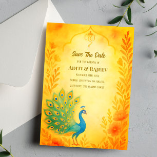 Cartão de Salvar a Data do Casamento Floral Pavão