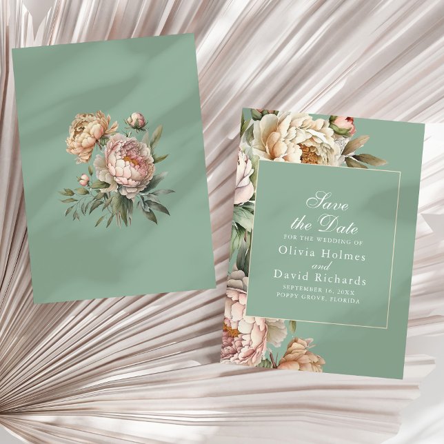 Cartão de Salvar a Data do Jardim de Peônia Verde  (Elegant Blush Pink Peonies Pastel Sage Wedding Save The Date on a sunny neutral dry palm leaf.)