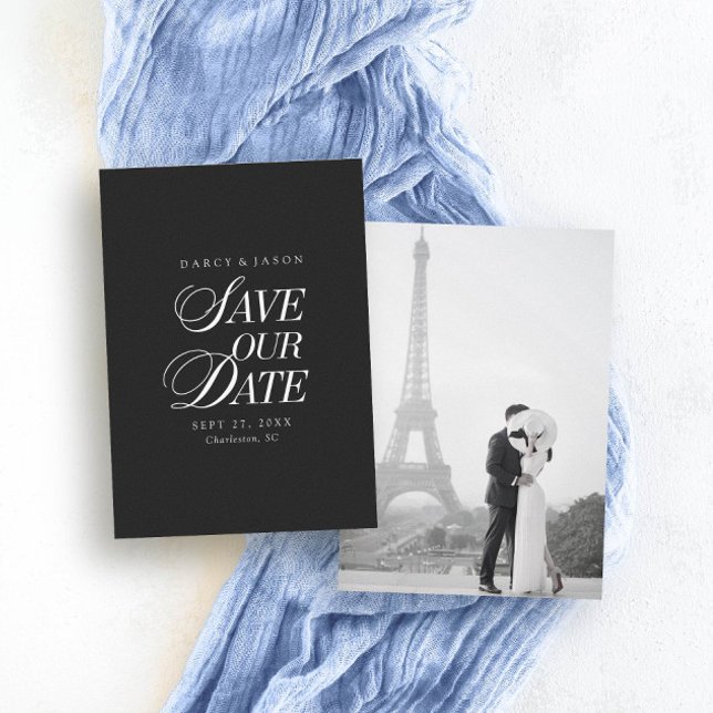 Cartão de Salvar a Data Elegante Preto e Branco co (Classy Black and White Elegant Save the Date Card)