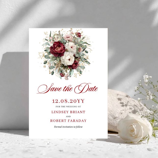 Cartão de Salvar a Data em Bege Burgundy Dourado M (Modern Blush Burgundy Gold Save The Date Card)