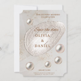 Cartão de Salvar a Data em Ouro e Pérola Elegante
