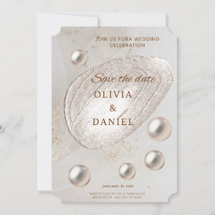 Cartão de Salvar a Data em Ouro e Pérola Elegante