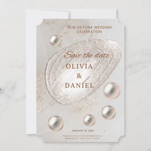 Cartão de Salvar a Data em Ouro e Pérola Elegante (Frente)