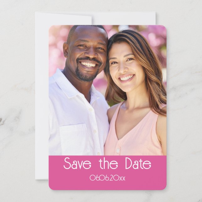 Cartão de Salvar a Data em Rosa e Branco com Foto (Frente)