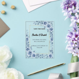 Cartão de Salvar a Data Floral Azul Acrílico