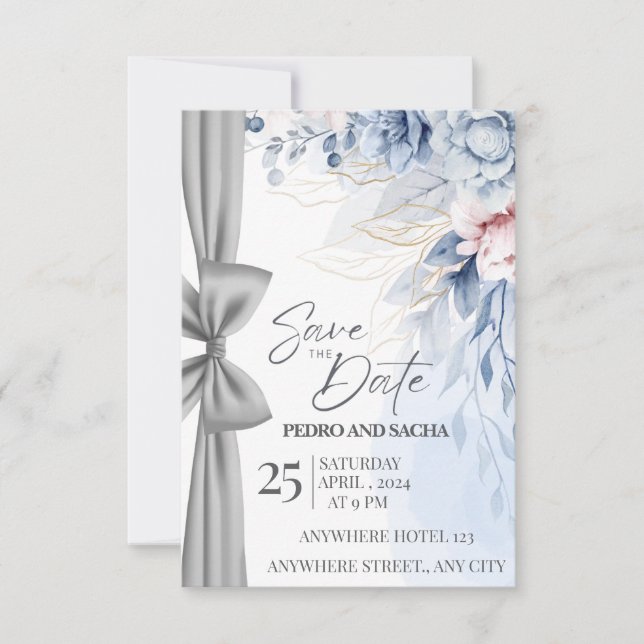 Cartão de Salvar a Data Floral Azul Elegante com P (Frente)
