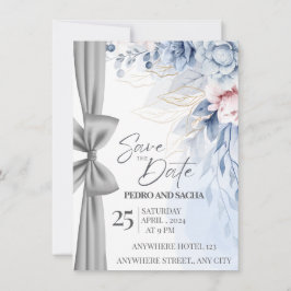 Cartão de Salvar a Data Floral Azul Elegante com P