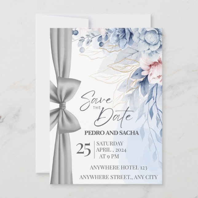 Cartão de Salvar a Data Floral Azul Elegante com P (Frente)