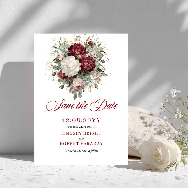 Cartão de Salvar a Data Floral Bege Borgonha Doura (Floral Blush Burgundy Gold Save The Date Card)