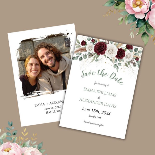 Cartão de Salvar a Data Floral Bege Verde Sálvia (Sage Green Blush Floral Photo Save the Date Card)