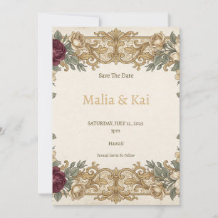 Cartão de Salvar a Data Floral Dourado Borgonha