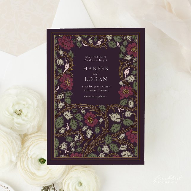 Cartão de Salvar a Data Floral Dourado Borgonha (Burgundy Gold Art Nouveau Save the Date Card)