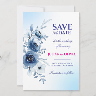 Cartão de Salvar a Data Floral em Aquarela Azul Em