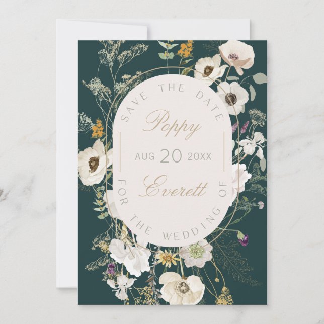 Cartão de Salvar a Data Floral Esmeralda e Creme P (Frente)