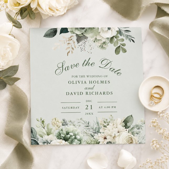 Cartão de Salvar a Data Floral Verde Sage Suave (Soft Sage Green Floral Save The Date Card)