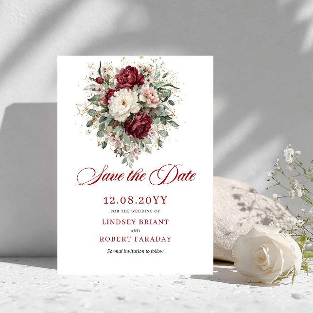 Cartão de Salvar a Data Luxo Blush Borgonha Dourad (Luxe Blush Burgundy Gold Save The Date Card)