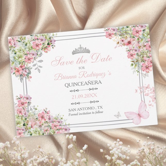 Cartão de Salvar a Data Rosa e Verde Floral Beije (Criador carregado)
