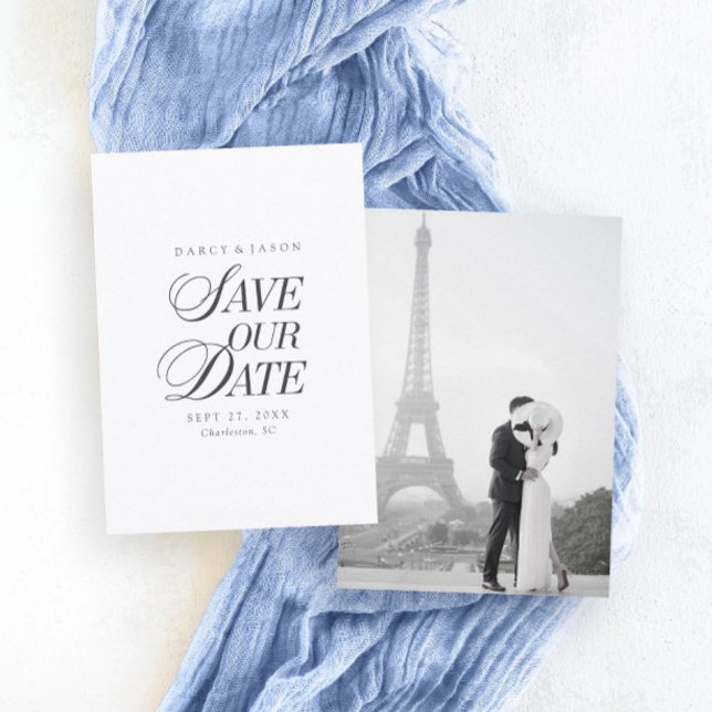 Cartão de Salvar Data Elegante Preto e Branco com  (Classy Black and White Elegant Save the Date Card)