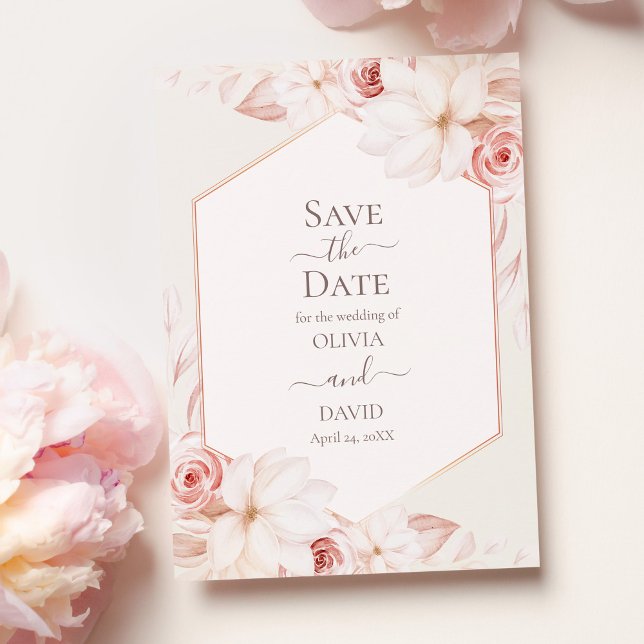 Cartão de Salve a Data de Casamento Floral Rosado (Boho Beige and Pink Roses Save the Date Card on pale pink table with pink roses.)