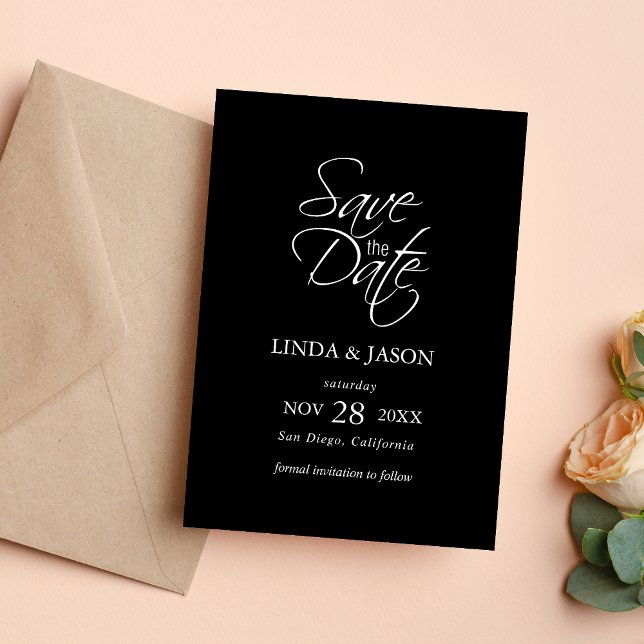 Cartão de Salve a Data de Casamento Preto e Branco (Black and white elegant save the date card announces your wedding with timeless style.)