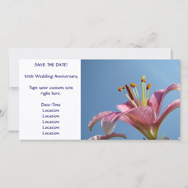 Cartão de SALVE A DATA Flor de Lírio Rosa Céu Azul (Frente)