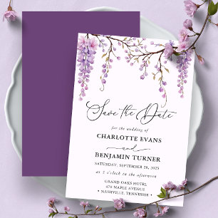 Cartão de Salve a Data Floral Script Roxo Wisteria