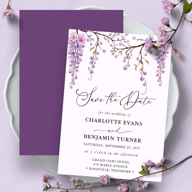 Cartão de Salve a Data Floral Script Roxo Wisteria (Criador carregado)