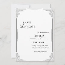 Cartão de Salve o Data Vintage Elegante Preto e Br