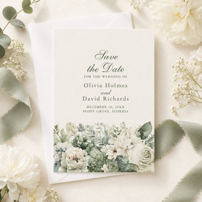 Cartão de Salve o Dia Boho Verde Sage e Flores de  (Boho Sage Green & Ivory Flowers Save The Date Card on a table with white flowers and green ribbon)