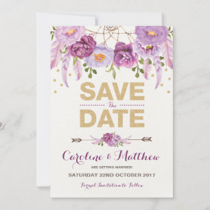 Cartão de Salve o Dia Floral Roxo Dourado Boho Rús