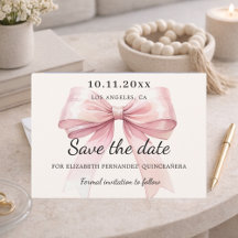 Cartão de Salve o Dia Quinceanera laço rosa creme
