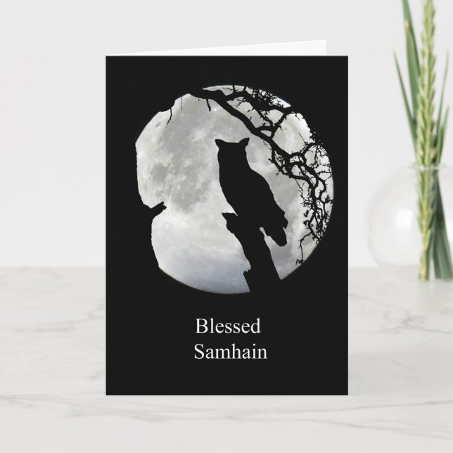 Cartão de Samhain com Coruja e Lua Sabbat (Frente)