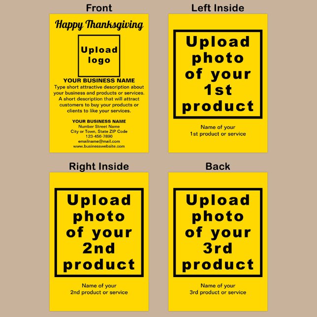 Cartão de Saudação Amarelo de Ação de Graças Comer (Yellow Thanksgiving folded greeting card with your business brand and products or services.)