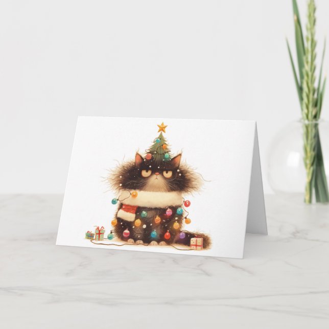 Cartão de Saudação às Luzes de Gato Tangido de Nat (Frente)